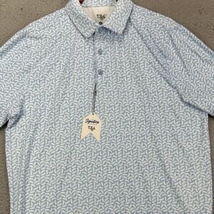 1764 Signature Mens Golf Polo Shirt Large Blue White Geometric Stretch Rugby NEW